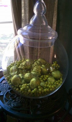 sparkly green jar and balls