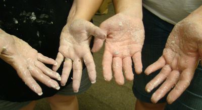 paper mache, gross hands, flour water hands